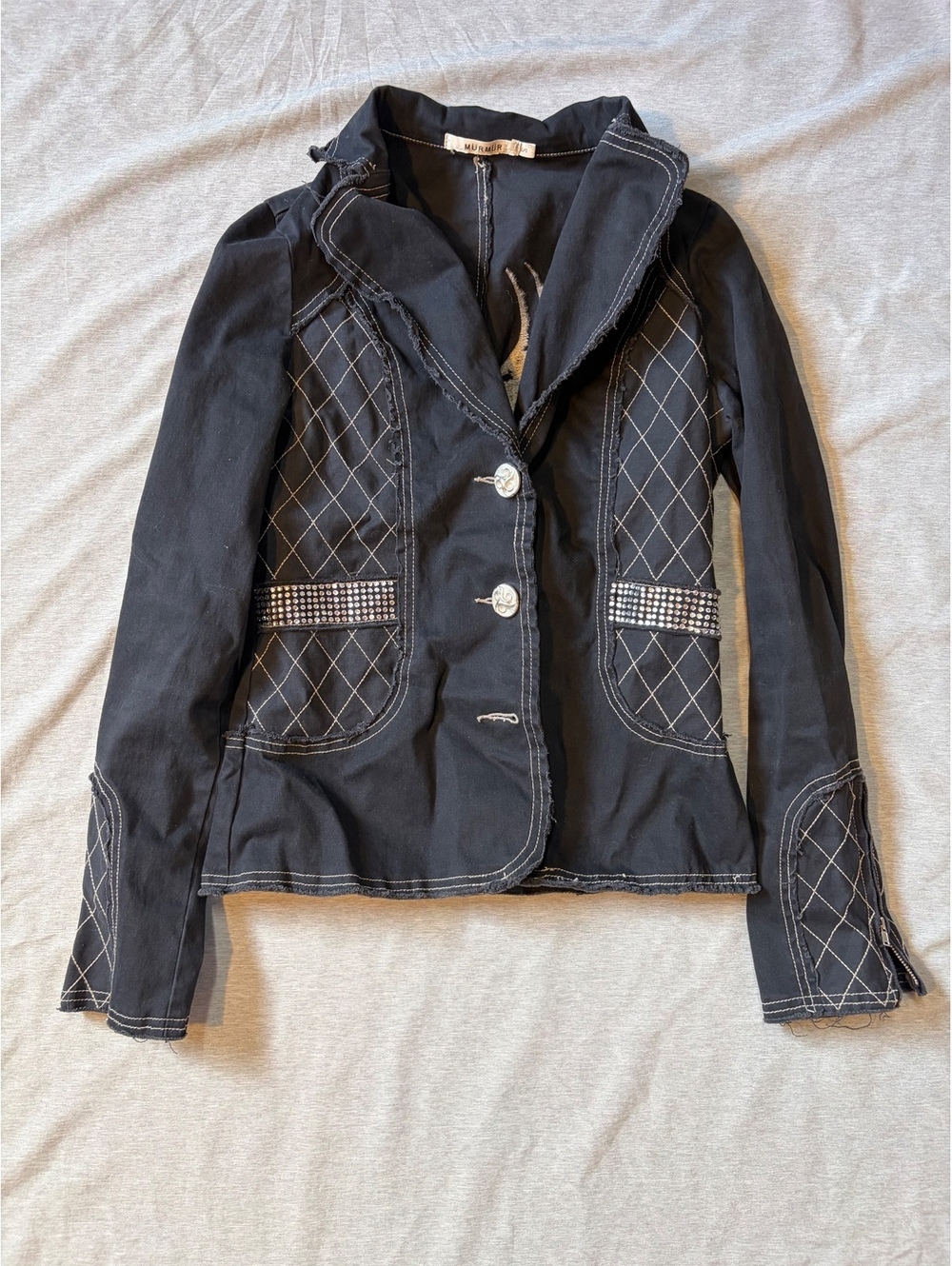 MURMUR Women’s S Black Rhinestone Phoenix Embroidered Blazer Y2K Distressed